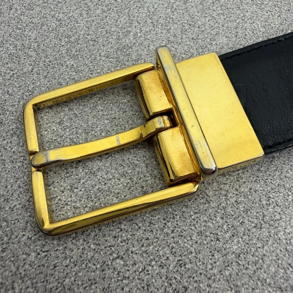 TIGHTON Belt Mens 36 Black Reversible Leather Gold Tone Buckle Dress Belt